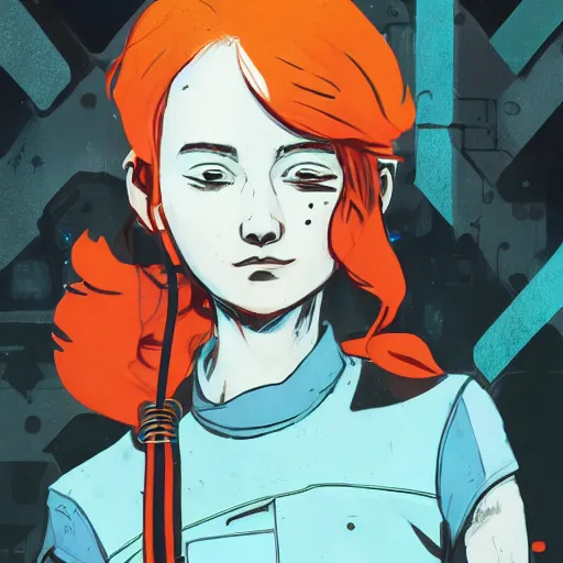 Prompt: Highly detailed portrait of a post-cyberpunk young lady with, freckles and cool hair by Atey Ghailan, by Loish, by Bryan Lee O'Malley, by Cliff Chiang, inspired by image comics, inspired by graphic novel cover art, inspired by nier, inspired by scott pilgrim !! Gradient orange, black and white color scheme ((grafitti tag brick wall background)), trending on artstation