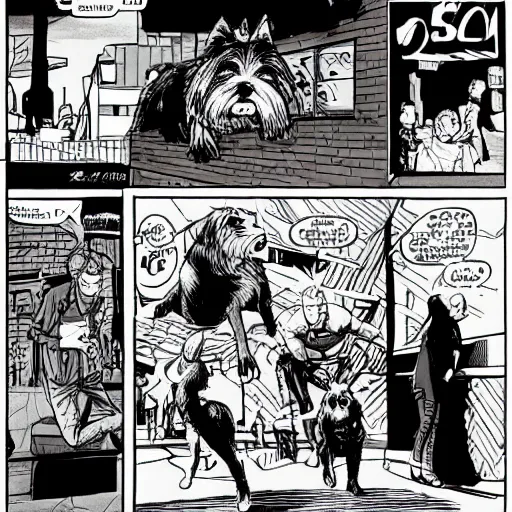 Image similar to giant westie rampaging through Seattle comic book style