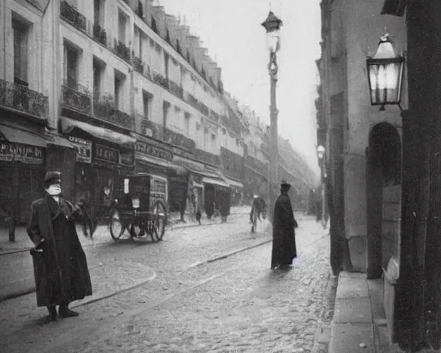 Image similar to a ragged clothed man begging on a street in early 2 0 th century paris. he has a top hat. street lights. evening. warm atmosphere. epic scene.