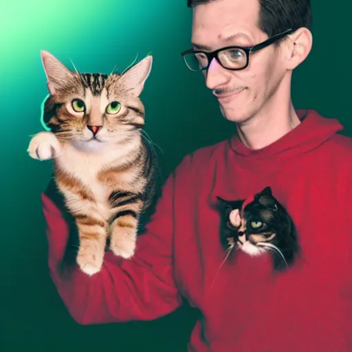 Image similar to portrait of neil cicierega holding his cat in the dark, red lighting, black background, their right eyes have lens flares