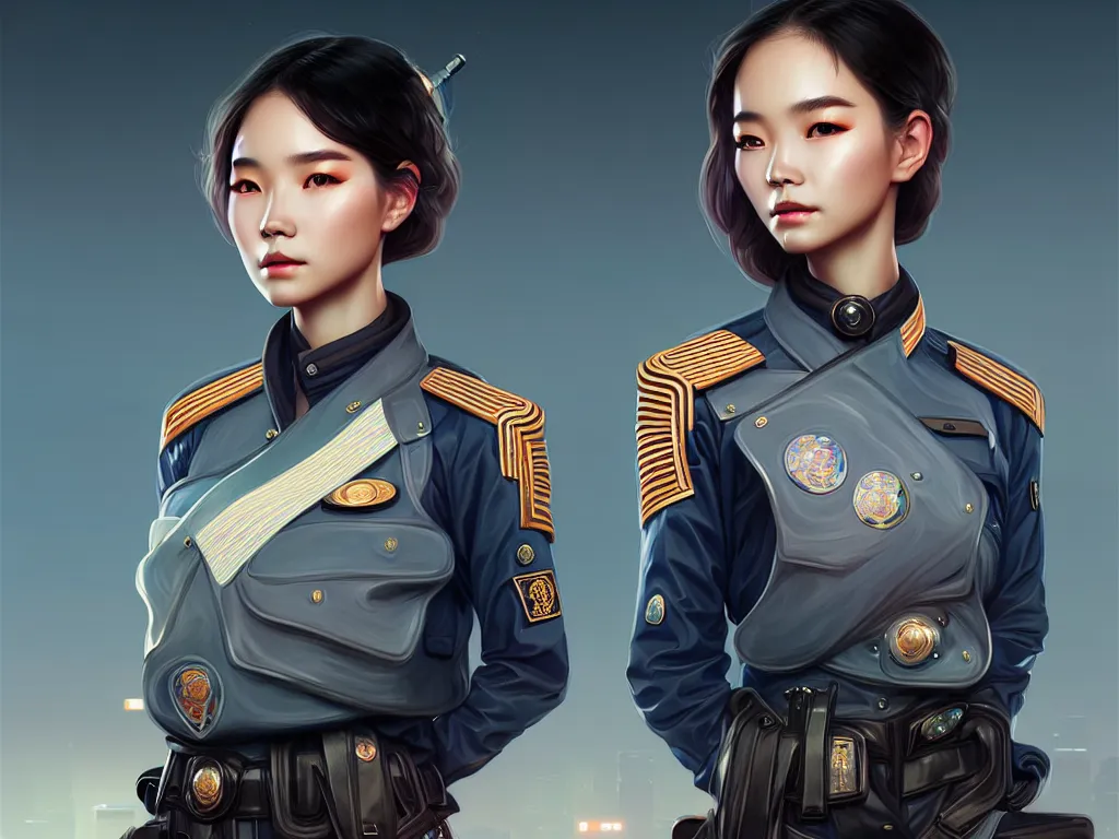 Image similar to portrait futuristic vietnam police uniform girl, at future neon light rooftop, ssci - fi and fantasy, intricate and very very beautiful and elegant, highly detailed, digital painting, artstation, concept art, smooth and sharp focus, illustration, art by tan zi and ayanamikodon and alphonse mucha and wlop