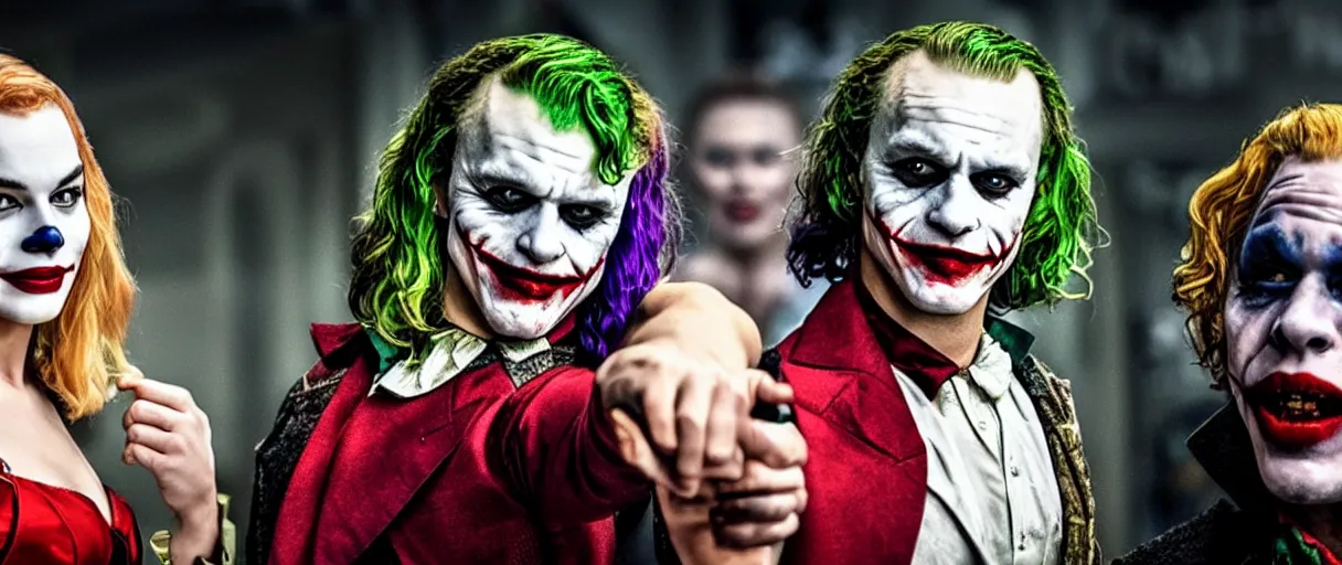 Image similar to heath ledger as the joker and margot robbie as harley quinn, posing shot, cinematic, ultra realistic, low lighting