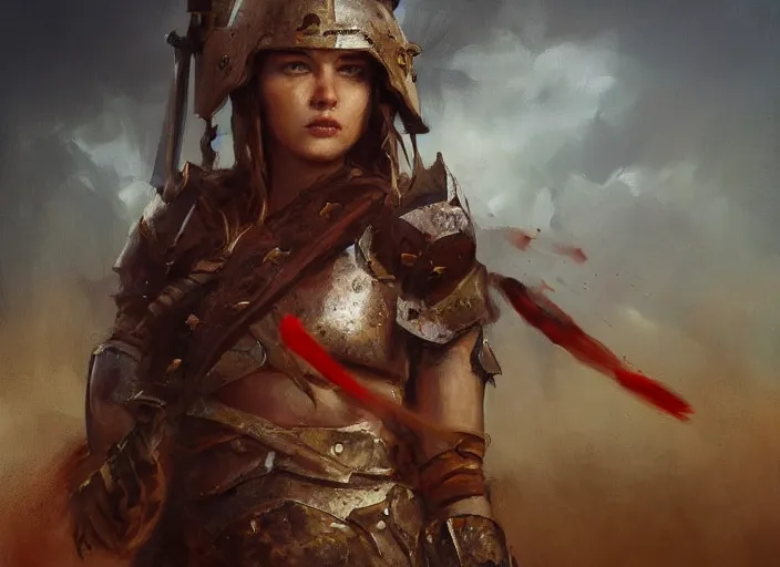 Prompt: landscape, portrait painting beautiful realism, an caucasian girl, wearing war clothes, in wood armor who was sprawled out was about to rise, his face covered in blood. cinematic scene, good lighting, fine art, trending on artstation, smooth draw, sharp focus.