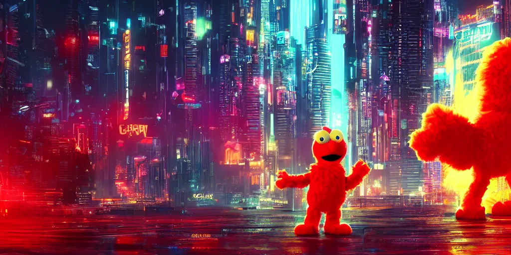 Image similar to elmo!! in cyberpunk night city wallpaper rendering, digital art