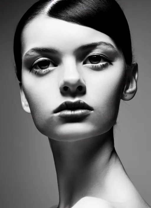 Prompt: black and white portrait photo of beautiful young female model with black hair pinned up, seductive glance, slight smile, symmetric face, symmetric eyes, natural light, low contrast, photo by Peter Lindbergh, 8K