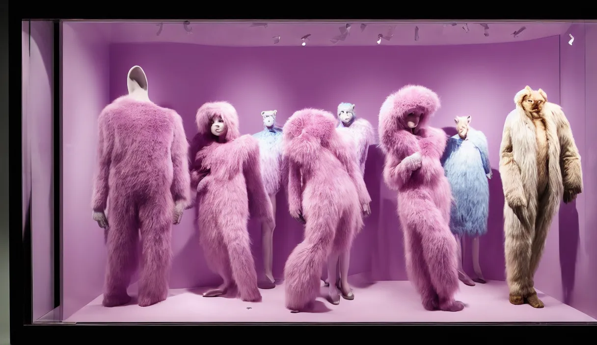 Prompt: diorama windowstore vitrine at the american museum of natural history, new york, of very realistic dissected in furry pink and blue and iridiscent teletubbies as furry animals, photography portrait aesthetic by guy bourdin, museum artifact