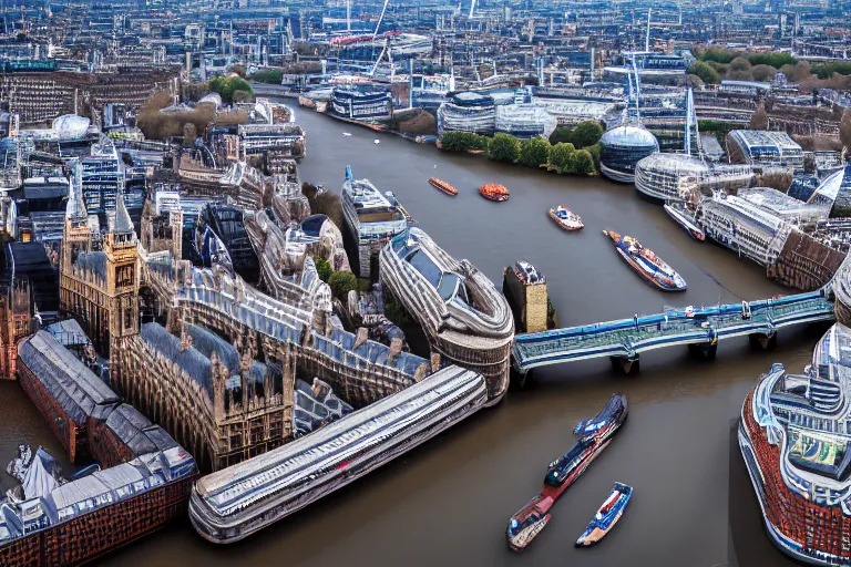 Image similar to an aerial view of a london city with a river running through it, a tilt shift photo by christopher wren, featured on cg society, new objectivity, uhd image, tilt shift, high dynamic range