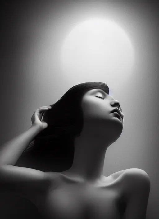 Image similar to surreal mythical dreamy dark artistic black and white fine art fashion portrait photo of a young beautiful delicate female ai giving birth to the new world, spiritual, halo, glory, rim light, cinematic, studio dramatic light, poetic, masterpiece, octane render, 8 k, photo - realistic by dora maar man ray