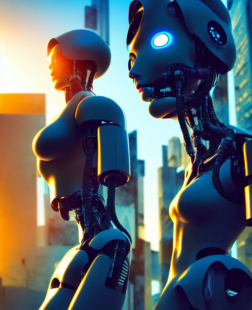 Image similar to a photo close up cyberpunk half robot half girl stands in a cyberpunk hiroshima, prefecture streets, sunset, photorealistic, cinematic lighting, very detailed, style by tomino - sama