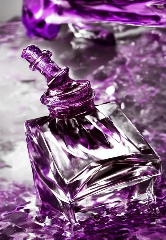 Image similar to close up shot of premium perfume bottle containing purple liquid, the bottle is placed on a black coloured table, ultra detail, commercial, designer product, cinematic lighting, hd artstation, symmetrical, rendered, 4k