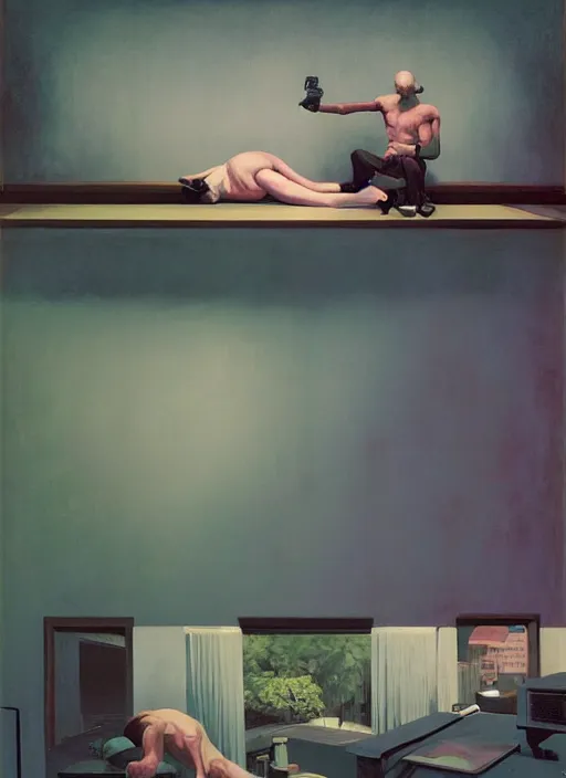 Image similar to time does not exist anymore by edward hopper and james gilleard, zdzislaw beksinski, overgrown vegetation, open ceiling, highly detailed, black people, painted by francis bacon, painted by james gilleard, airbrush, ilya kuvshinov, wlop, stanley artgerm, very coherent, art by takato yamamoto and james jean