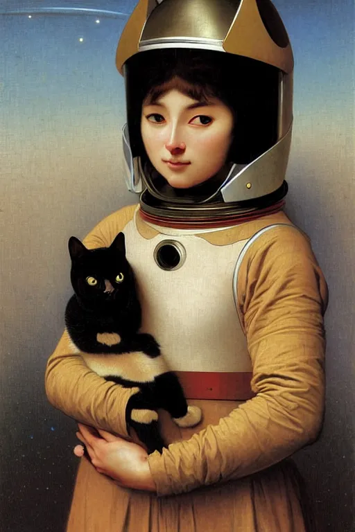 Image similar to portrait of a cat astronaut with japanese armor and helmet, by bouguereau