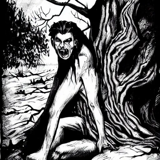 Prompt: b & w horror comic art of a vampire emerging from a hole beneath a tree