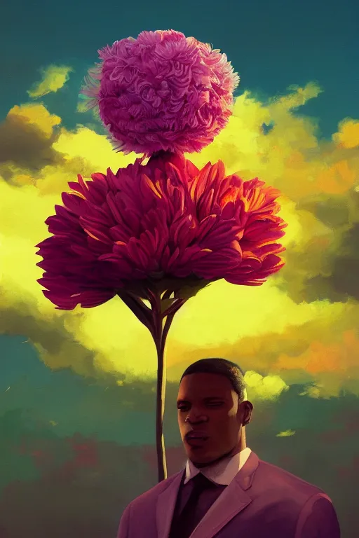 Image similar to closeup, giant flower as head, black woman in suit, surreal photography, golden hour, colorful clouds, impressionist painting, digital painting, artstation, simon stalenhag