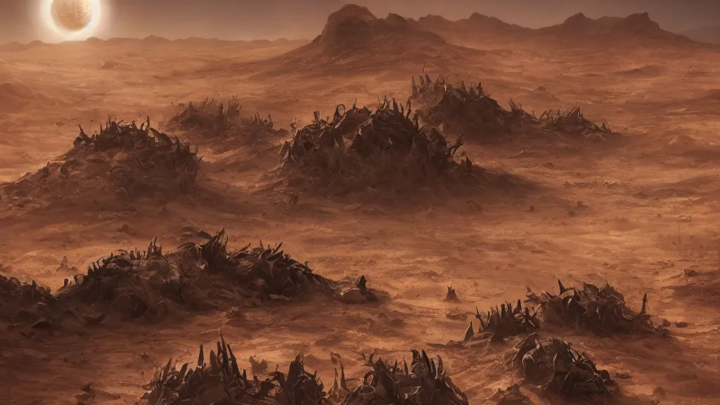 Image similar to a sinister desert planet with the ground full of corpses, desert landscape, corpses, pain, despair, dramatic lighting, cinematic, extremly high detail, photorealistic, cinematic lighting, post processed, concept art, artstation, matte painting, style by greg rutkowsky, perfect readability