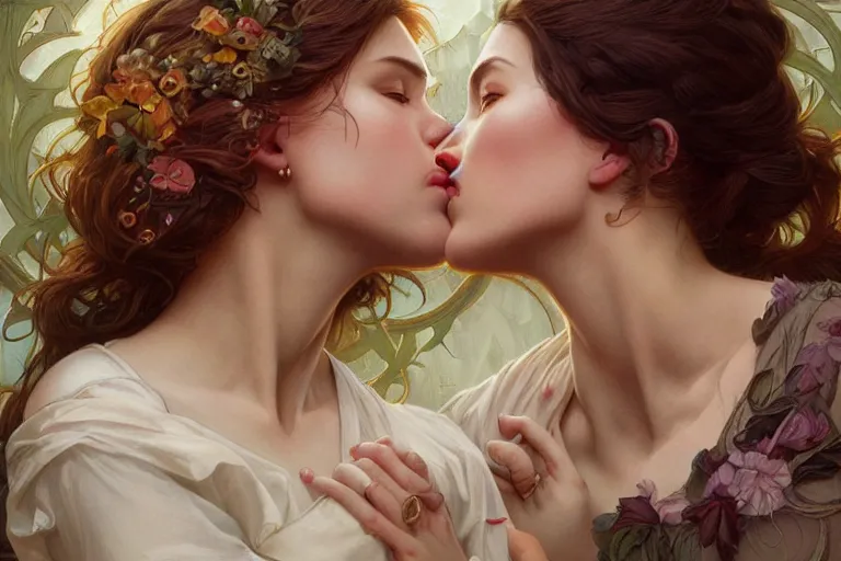 Prompt: Ultra realistic illustration, two women kissing a, intricate, elegant, highly detailed, digital painting, artstation, concept art, smooth, sharp focus, illustration, art by artgerm and greg rutkowski and alphonse mucha