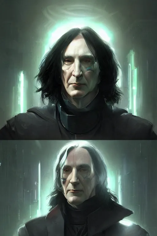 Image similar to portrait of cyborg severus snape in cyberpunk, neon lighting, night city, digital art from artstation by Ruan Jia and Mandy Jurgens and Artgerm and william-adolphe bouguereau and Greg Rutkowski