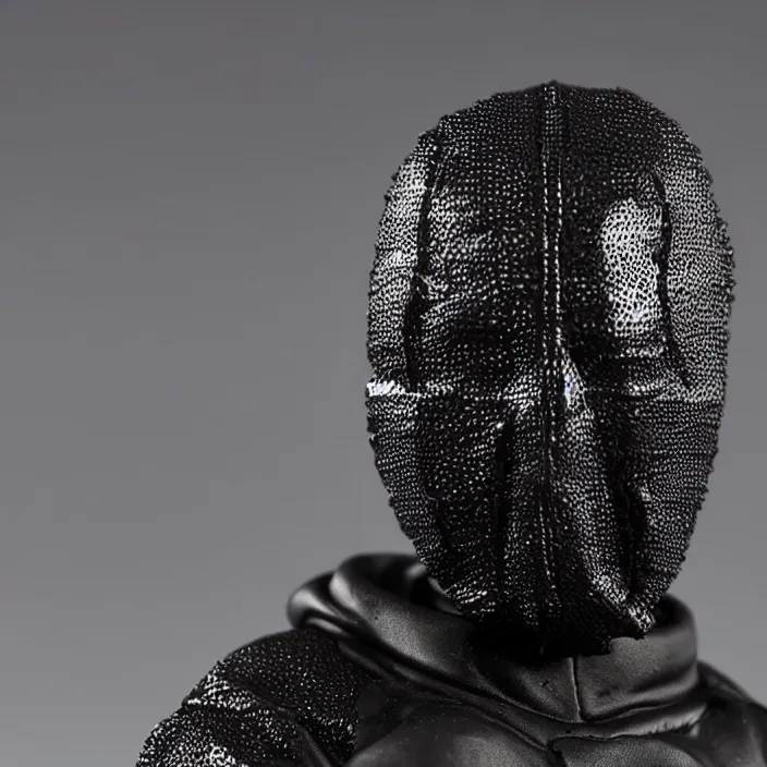 Image similar to kanye west using a face covering black mask with small holes, a black shirt, a black overinflated puffer jacket and black rubber boots, a hot toys figure of kanye west using a black mask with small holes, a black shirt, a black undersize hoodie and black rubber boots, figurine, detailed product photo