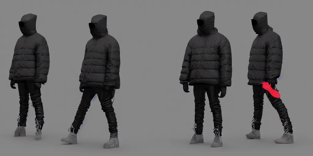 Prompt: kanye west using a full face covering black mask, a small, tight, undersized reflective bright red round puffer jacket made of nylon, dark jeans pants and big black balenciaga rubber boots in 3 d, blender, octane render, 3 d render, realistic, unreal engine, trending on sketchfab, studio light, 4 k, 8 k