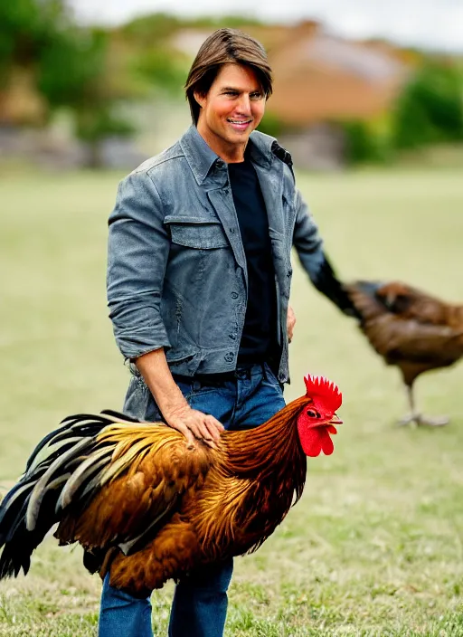 Prompt: a professional photo of tom cruise holding a rooster, f / 1. 4, 9 0 mm