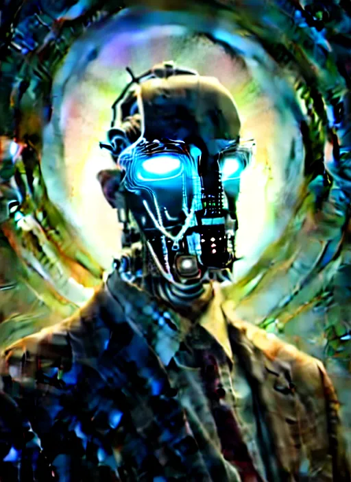 Image similar to man with cybernetic enhancements, wearing a suit! detailed face with mask, scifi character portrait by greg rutkowski, esuthio, craig mullins, 1 / 4 headshot, cinematic lighting, dystopian scifi gear, gloomy, profile picture, mechanical, half robot, implants, steampunk