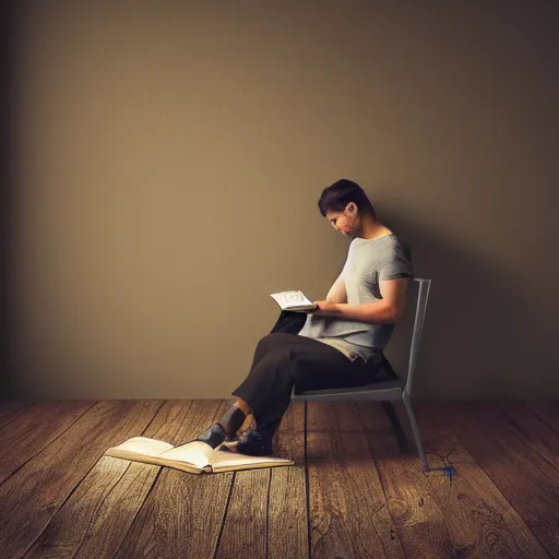 Image similar to a photo of someone sitting on an invisible chair reading a book, realistic, detailed, studio lighting, award winning photo, 8k, hd