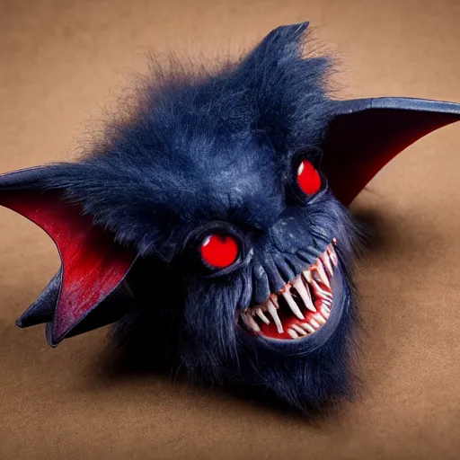 Image similar to detailed full body of scary giant mutant dark blue pygmy-bat, glowing red eyes, sharp teeth, acid leaking from mouth, realistic, giant, bat ears, bat nose, furred, covered in soft fur, detailed, 85mm f/1.4