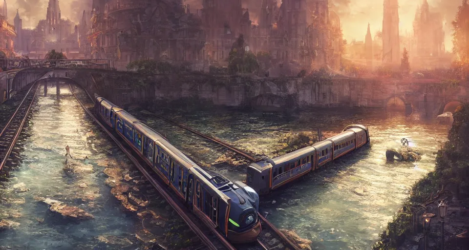 Image similar to An urban train rides inside of a waterway on a fantasy city, next to a fountain and a mystical palace,, hyperdetailed, artstation, cgsociety, golden hour 8k