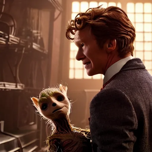 Image similar to newt scamander taking care of baby groot from guardians of the galaxy