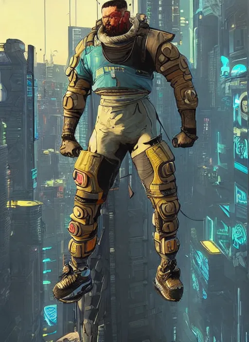 Image similar to greg. apex legends buff cyberpunk weight lifter. concept art by james gurney and mœbius. gorgeous face, cinematic, dramatic lighting ( cyberpunk 2 0 7 7 ), clean aesthetic