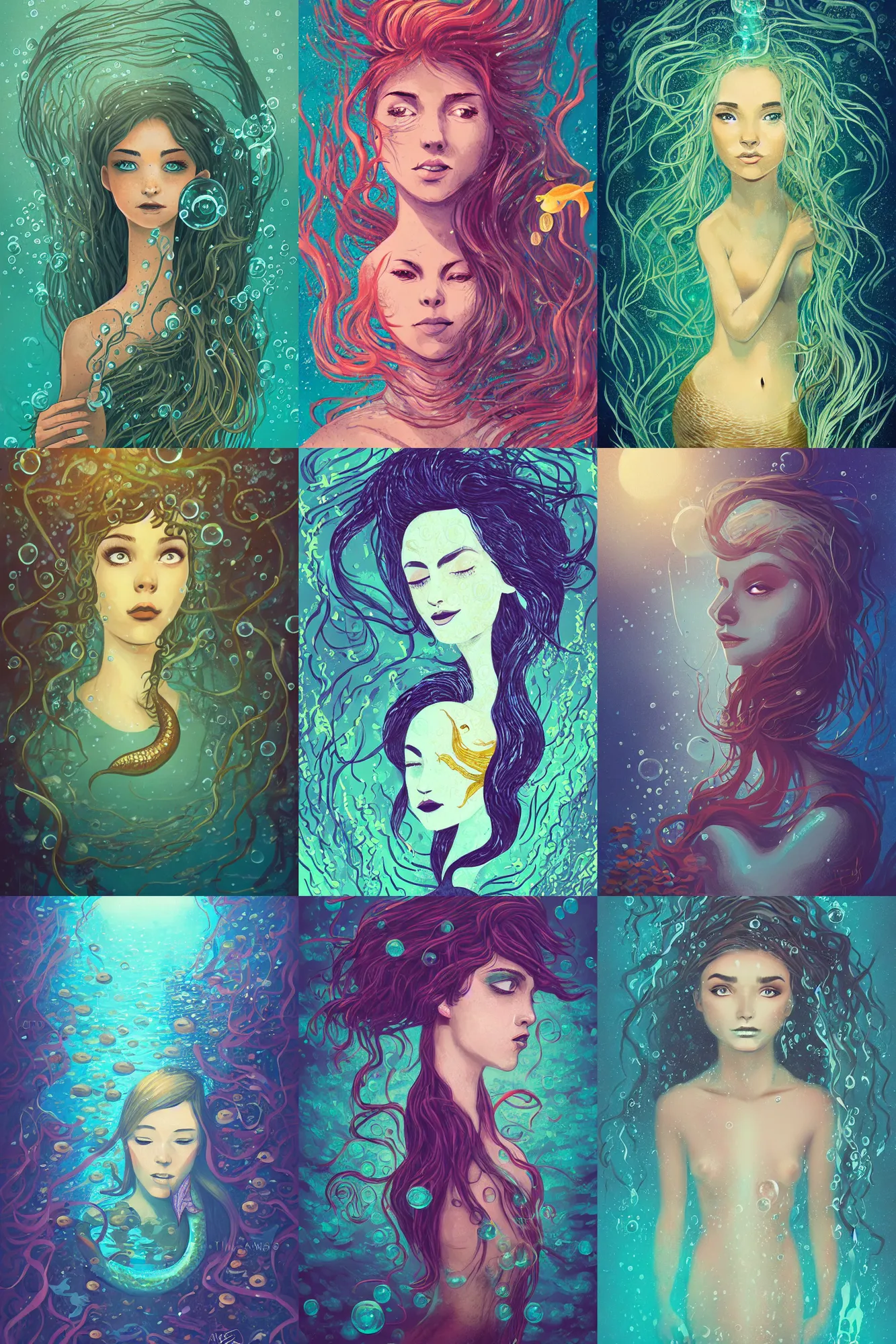 Prompt: head and shoulder portrait illustration of a mermaid under the sea, surrounded by kelp, bubbles, art by Anato Finnstark