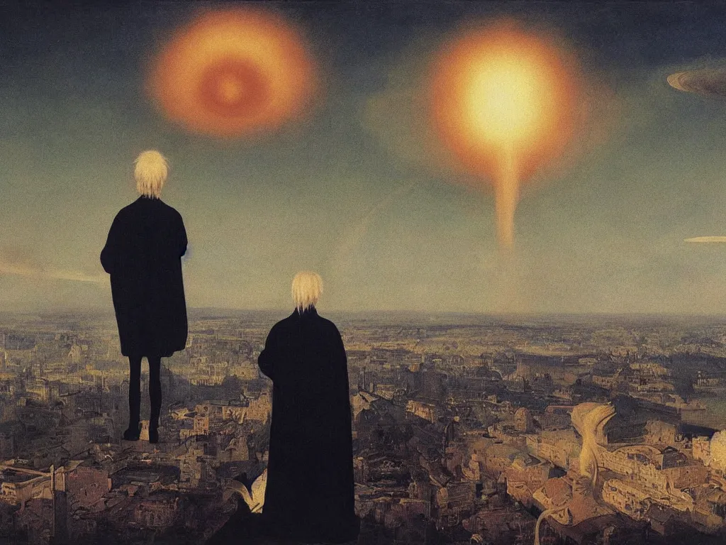 Image similar to albino mystic, with his back turned, looking at a atomic explosion over a city in the distance. Painting by Jan van Eyck, Audubon, Rene Magritte, Agnes Pelton, Max Ernst, Walton Ford