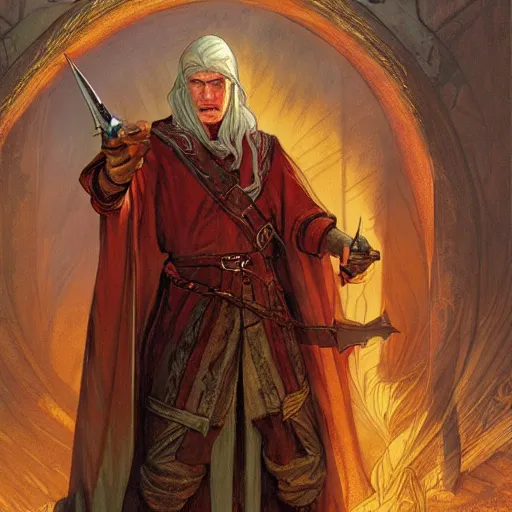 Image similar to ezra the elven desert bandit. Red robes. Epic portrait by james gurney and Alfonso mucha (lotr, witcher 3, dnd).