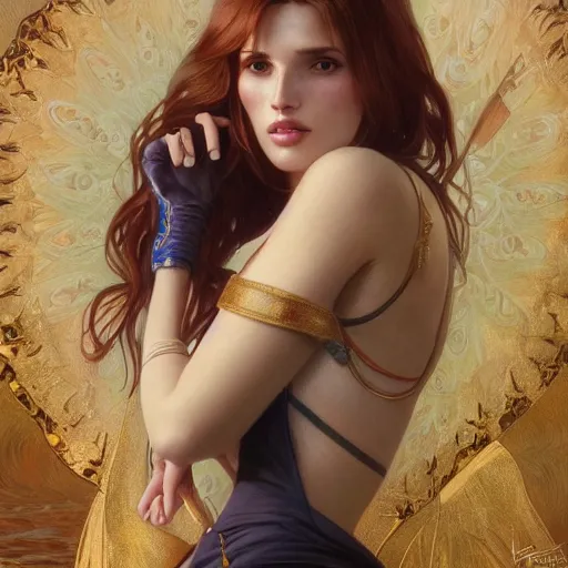 Image similar to ultra realistic illustration, bella thorne, flirtatious, tease, intricate, elegant, highly detailed, digital painting, artstation, concept art, smooth, sharp focus, illustration, art by artgerm and greg rutkowski and alphonse mucha