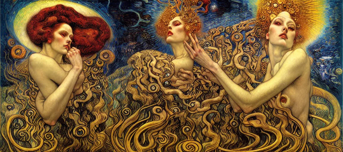 Image similar to Divine Chaos Engine by Karol Bak, Jean Delville, William Blake, Gustav Klimt, and Vincent Van Gogh, symbolist, visionary