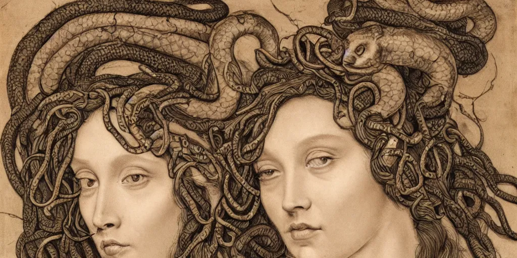 Image similar to realistic portrait of a beautiful medusa with her snakes in the hair, 1450, ink, ultra realistic, 8k