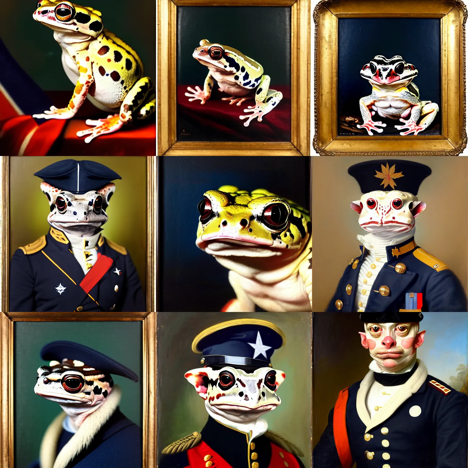 Prompt: a head - and - shoulders portrait of an amazon milk frog wearing a navy colonial military uniform, an american romanticism painting, oil on canvas, cgsociety, soft focus