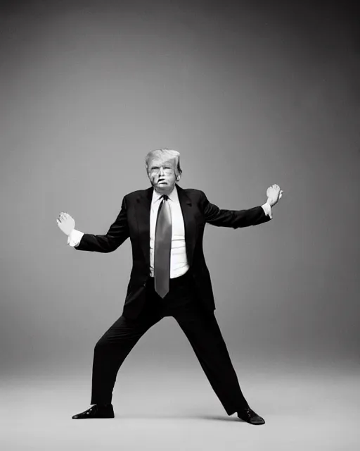 Prompt: Donald Trump practicing karate at the Shaolin temple, photorealistic, studio lighting, photographed in the style of Annie Leibovitz