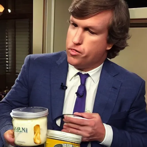 Image similar to Tucker Carlson eating an entire jar of mayonnaise and looking really salty about it