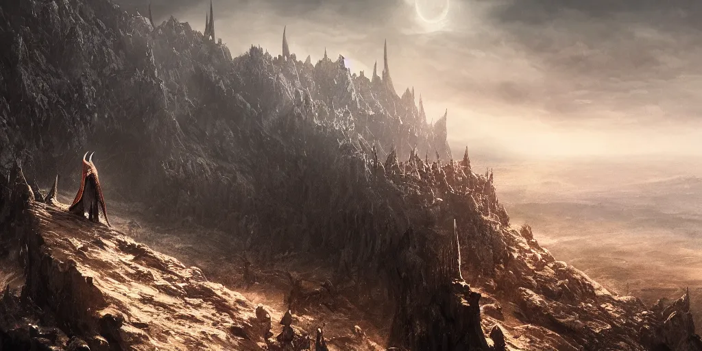 Prompt: Sauron standing on the edge of a cliff overlooking his troops at Mordor Gorgoroth Plains in the evening, detailed matte painting, cinematic, Alan Lee, Artstation