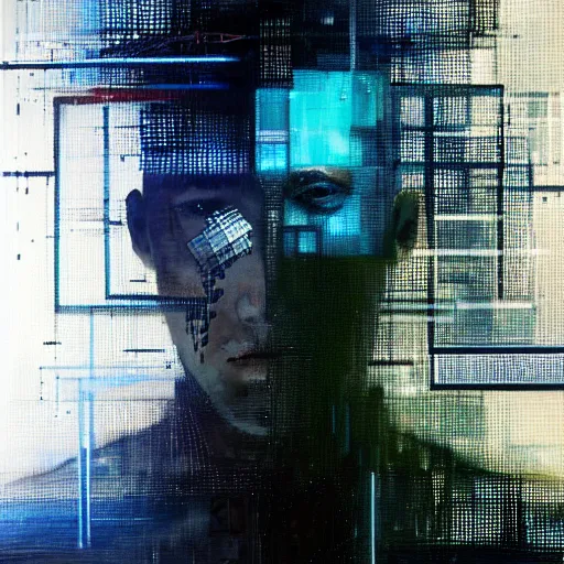 Image similar to hyperrealistic portrait of a mysterious cyberpunk man with cybernetics, by Guy Denning, Johannes Itten, Russ Mills, glitch art, hacking effects, glitch effects, digital tech effects, cybernetics, detailed lines, holographic, chromatic, color blocking!, oil on canvas, octane, concept art, abstract, blue and black, 8k, trending on artstation