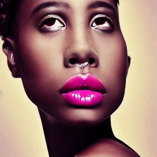 Prompt: Dark-skinned woman, Eva Langoria style, she has pink lips, portrait, Repin style