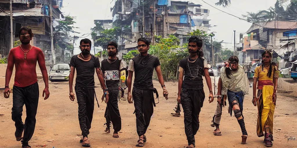 Image similar to sri lankan cyberpunk gang, film still, epic shot cinematography, rule of thirds, colorful, sci - fi tech style