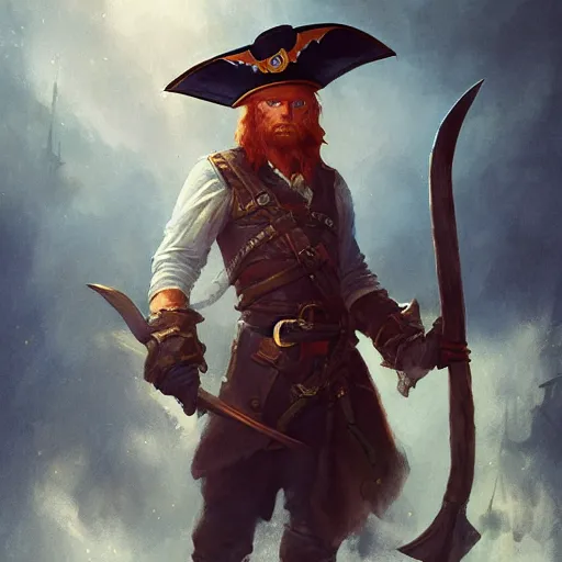 Image similar to heroic handsome charming ginger rogue with long slender pointed ears, wearing a tricorne pirate captain hat, naval background, detailed full-body portrait, stunning award-winning art by Greg Rutkowski