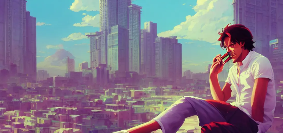 Image similar to ⁠portrait of Imran Khan Smoking a cigar , Karachi skyline background, rich vivid colors, ambient lighting, dynamic lighting, 4k, HQ, official media, anime key visual, makoto shinkai, ilya kuvshinov, lois van baarle, rossdraws, detailed, trending on artstation