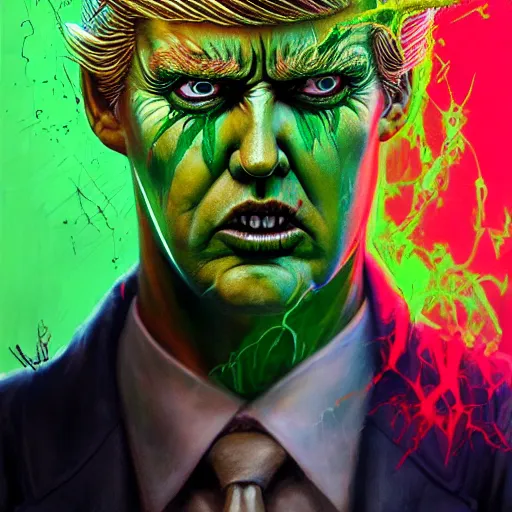 Image similar to a demon slayer portrait of donald trump, tall, pale - skinned, and slender with lime green eyes and long eyelashes by stanley artgerm, tom bagshaw, arthur adams, carne griffiths, trending on deviant art, street art, face enhance, chillwave, maximalist, full of color, glittering