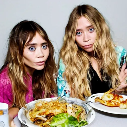 Image similar to obese mary kate and ashley olsen eating mukbang