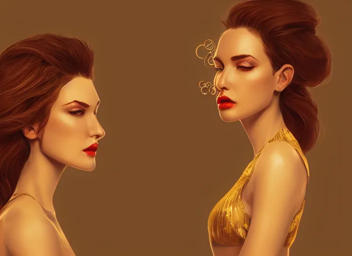 Image similar to woman love woman, sweet hugs, gold trim, atmoshperic, elegant, sharp focus, sand sea, red sun, huge lips, by ilya ozornin, trending on artstation, intricate details