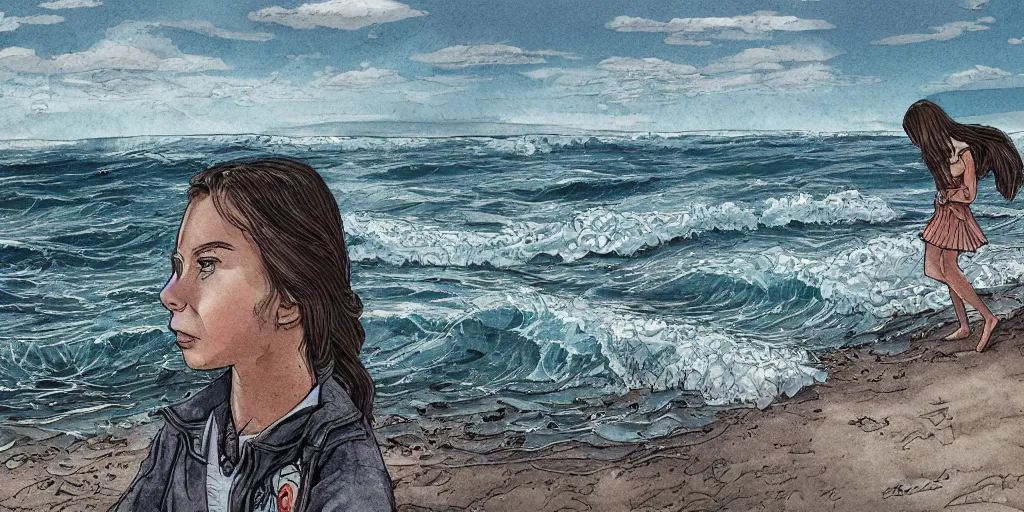 Image similar to girl looking at the ocean waves, superwide angle, intricate, highly detailed, illustration, art by Leon Bosko