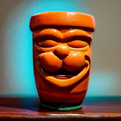 Image similar to a closeup photorealistic photograph of an orange cat garfield style tiki mug at a trader vic's bar featuring garfield's face. tiki theme. bright scene. fine detail. this 4 k hd image is trending on artstation, featured on behance, well - rendered, extra crisp, features intricate detail, epic composition and the style of unreal engine.